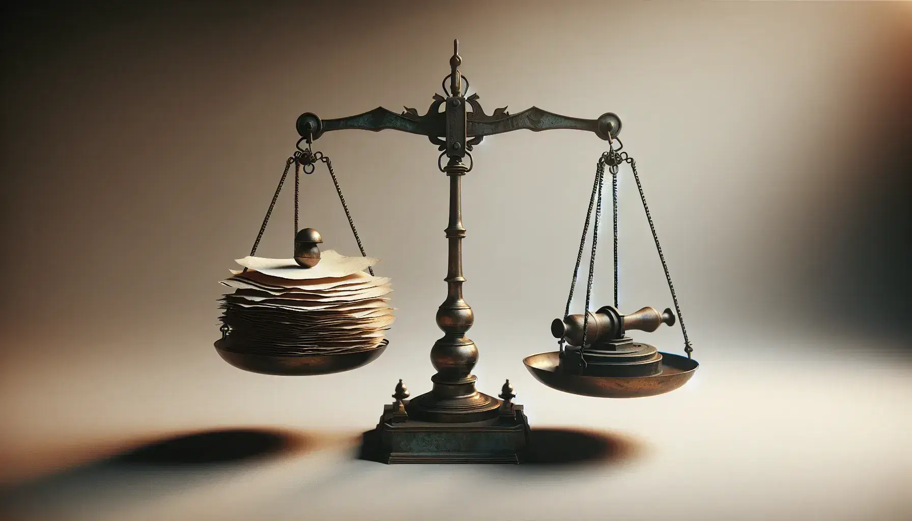 Bilancia antica in equilibrio con fogli avorio e sigillo in legno su piatti metallici, sfondo neutro e statuetta stilizzata.