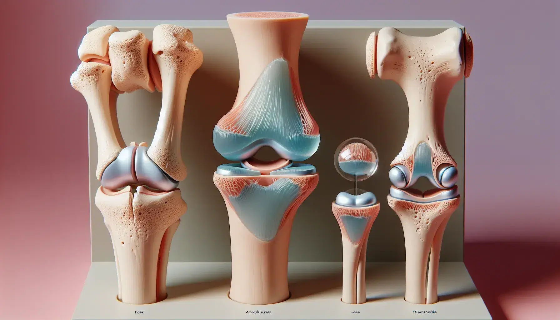 Modelos anatómicos de articulaciones humanas mostrando sinartrosis fija a la izquierda, anfiartrosis semi-móvil al centro y diartrosis móvil a la derecha en superficie neutra.