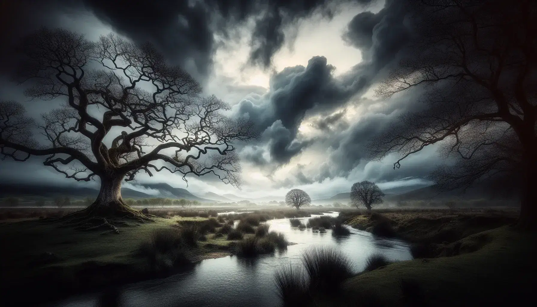 Paisaje natural melancólico con árbol desnudo, cielo tormentoso y río calmo reflejando nubes, rodeado de montañas lejanas y vegetación verde.