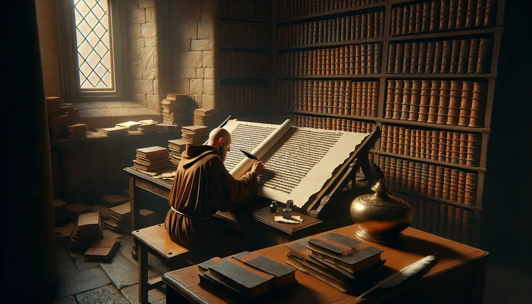 Medieval scriptorium with monks copying manuscripts, one seated at a desk with a quill and inkwell, another at a lectern, in a room with arched windows and bookshelves.