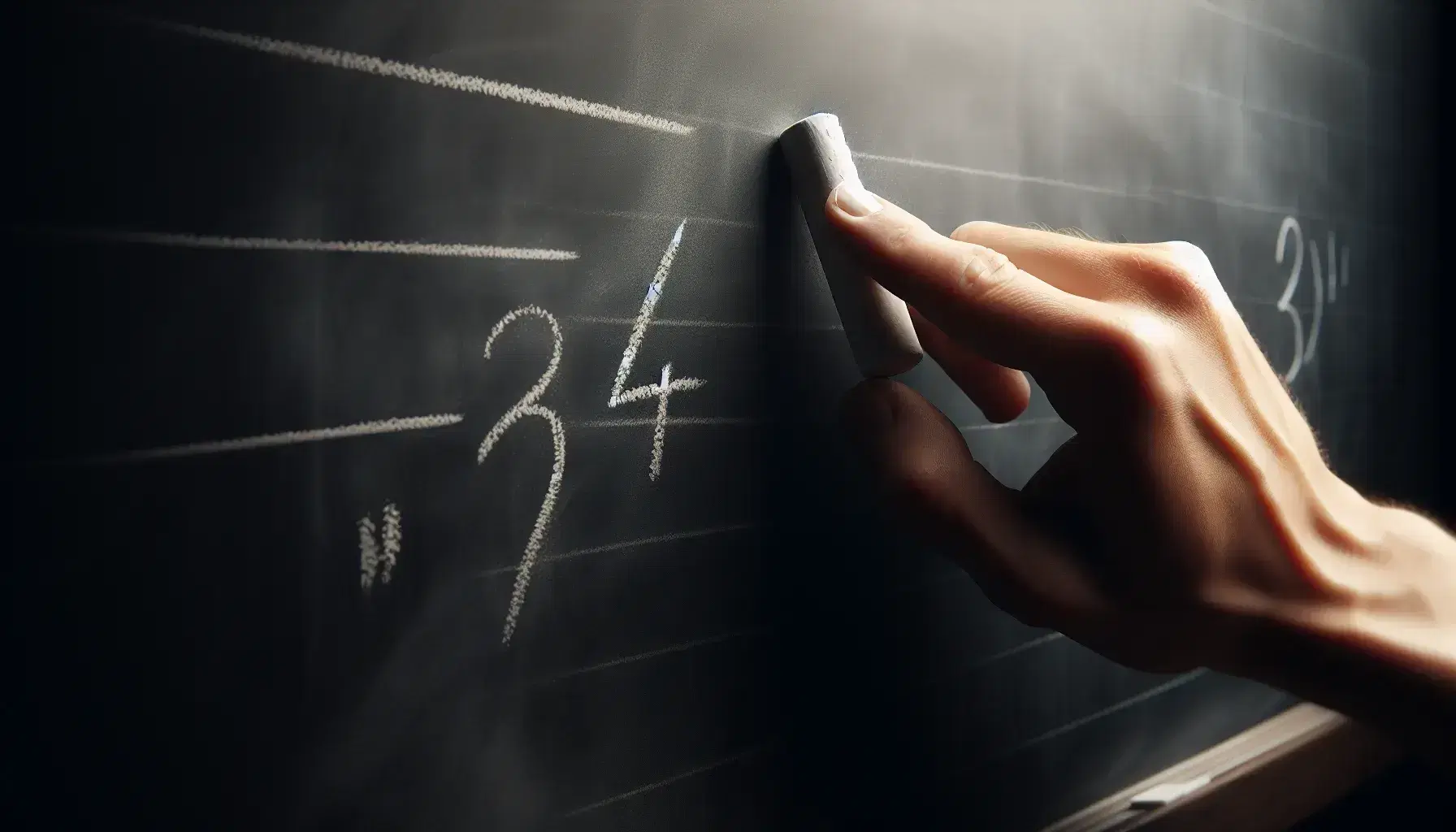 Close-up view of a hand holding white chalk above a blank blackboard, poised to write, with soft lighting casting a gentle shadow.