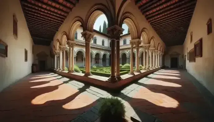 Chiostro del Convento di San Marco a Firenze, con portici ad archi, colonne in pietra, piastrelle terracotta e giardino visibile.
