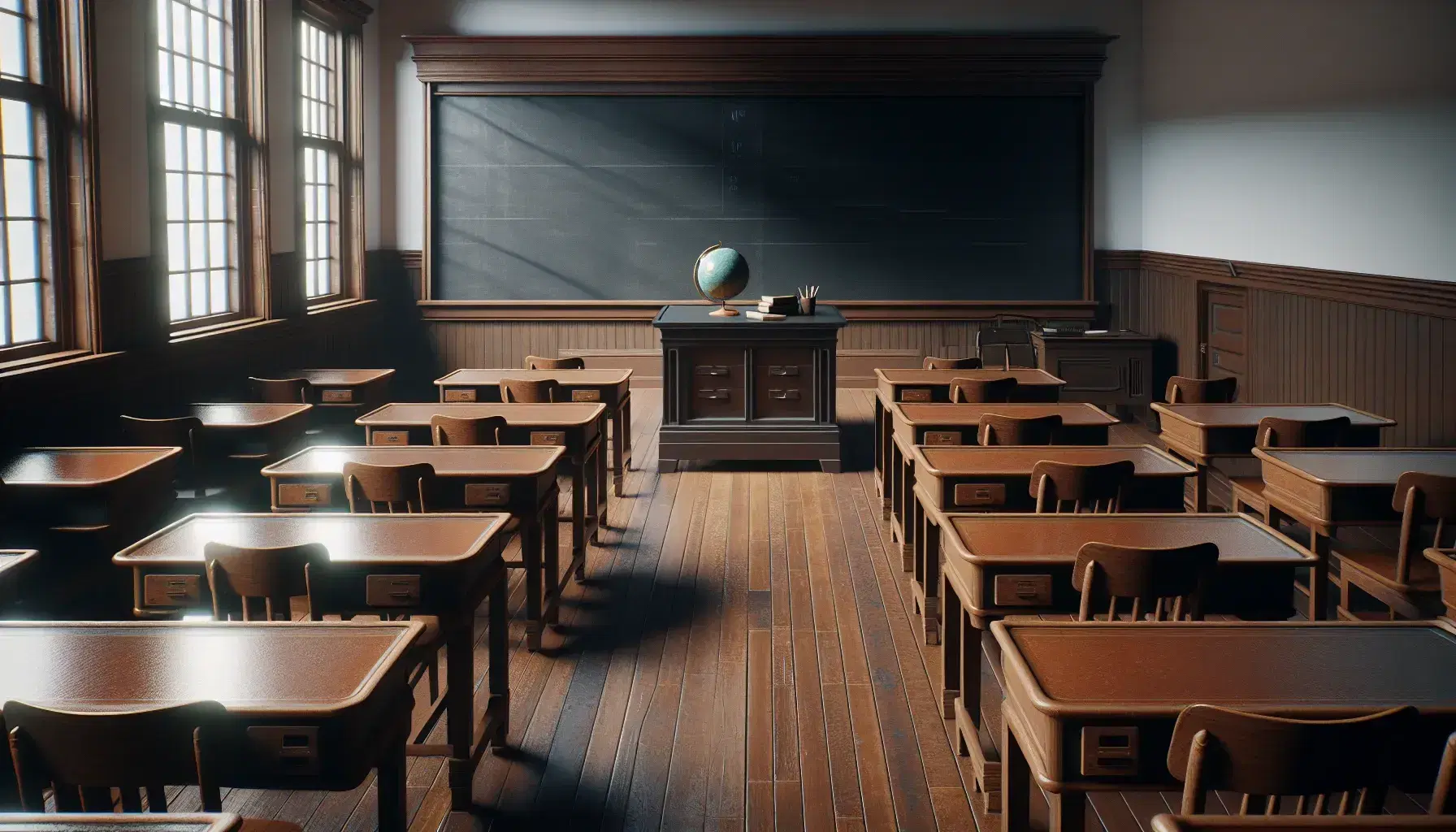 Aula antigua vacía con pupitres de madera alineados, pizarra negra sin marcar, podio y mesa con globo terráqueo, luz natural y estantería llena de libros.