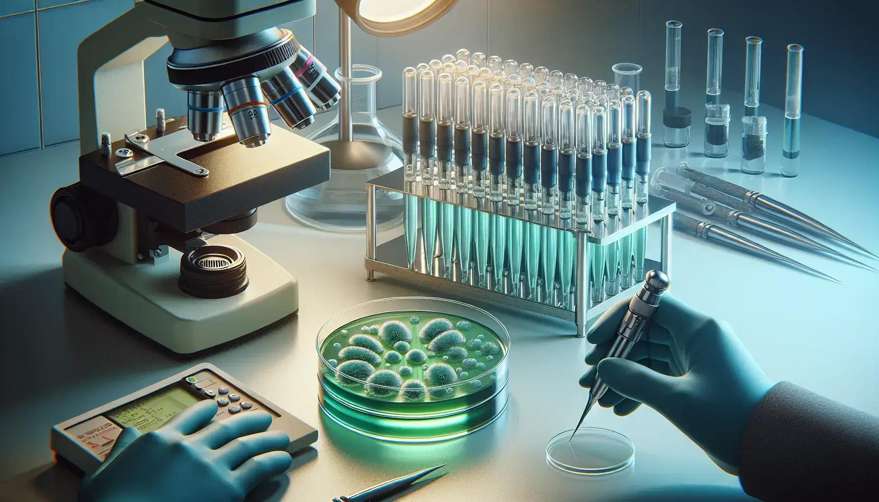 Laboratory bench with petri dish showing bacterial colonies, micro-pipettes, gloved hands with inoculating loop, and a PCR thermocycler in the background.