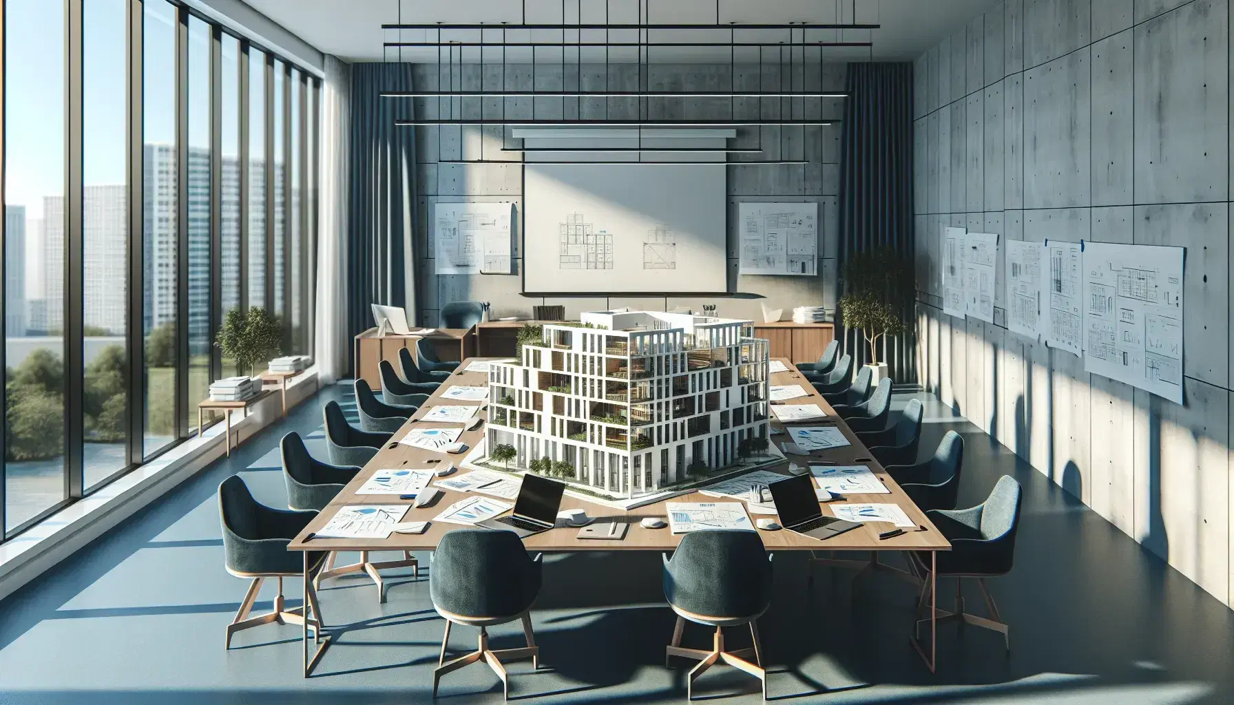 Sala de reuniones iluminada con mesa de madera, sillas azules, laptops, libretas y maqueta de edificio rodeada de planos de diseño.