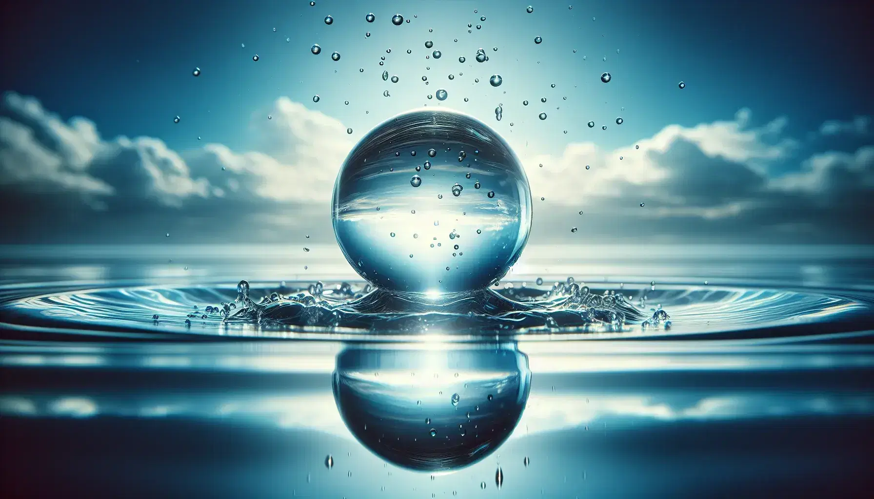 Goccia d'acqua sferica sospesa con riflessi brillanti e velo di particelle nebulizzate su superficie calma che riflette cielo azzurro.