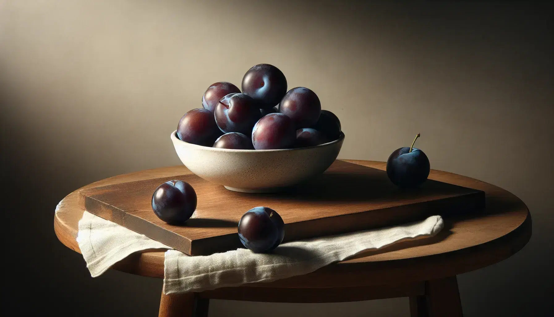 Round wooden table with a group of dark purple plums, an empty white ceramic bowl, and a folded white linen napkin on a light background.