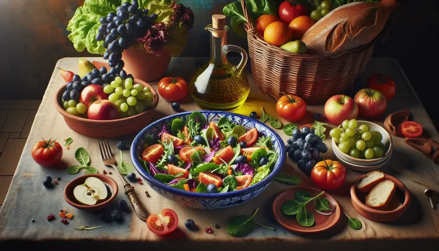 Tavola rustica con cibo mediterraneo: insalata verde, pomodori, olio d'oliva, uva, frutta fresca, pane integrale e vino rosso.