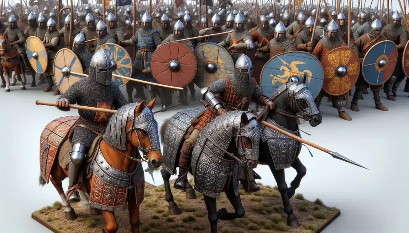 Escena medieval de batalla con caballeros armados a caballo y soldados a pie luchando, bajo un cielo parcialmente nublado.