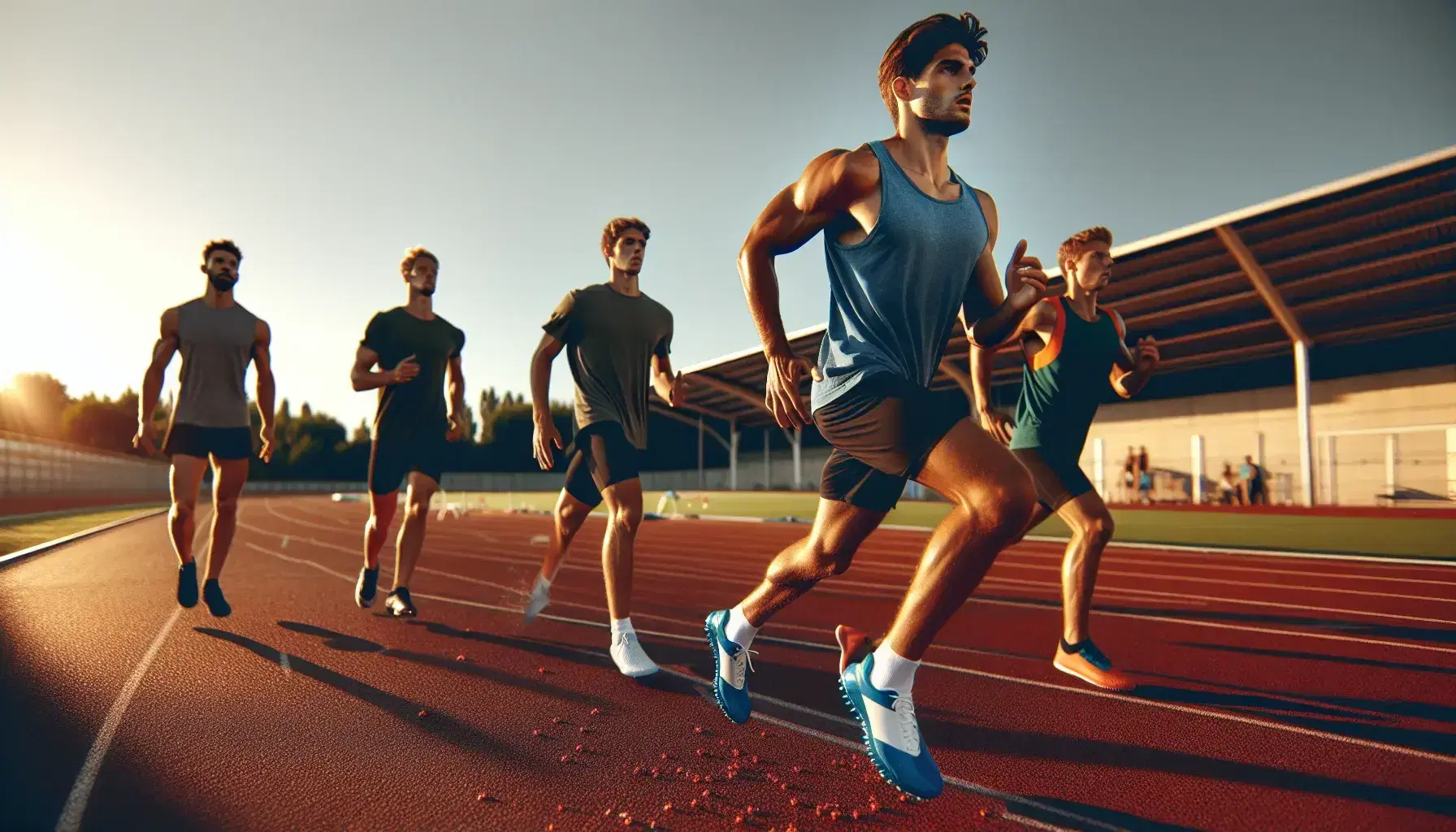 Atletas entrenando intensamente en pista de atletismo al aire libre en día soleado, con enfoque en corredor de camiseta azul y zapatillas blancas y azules.