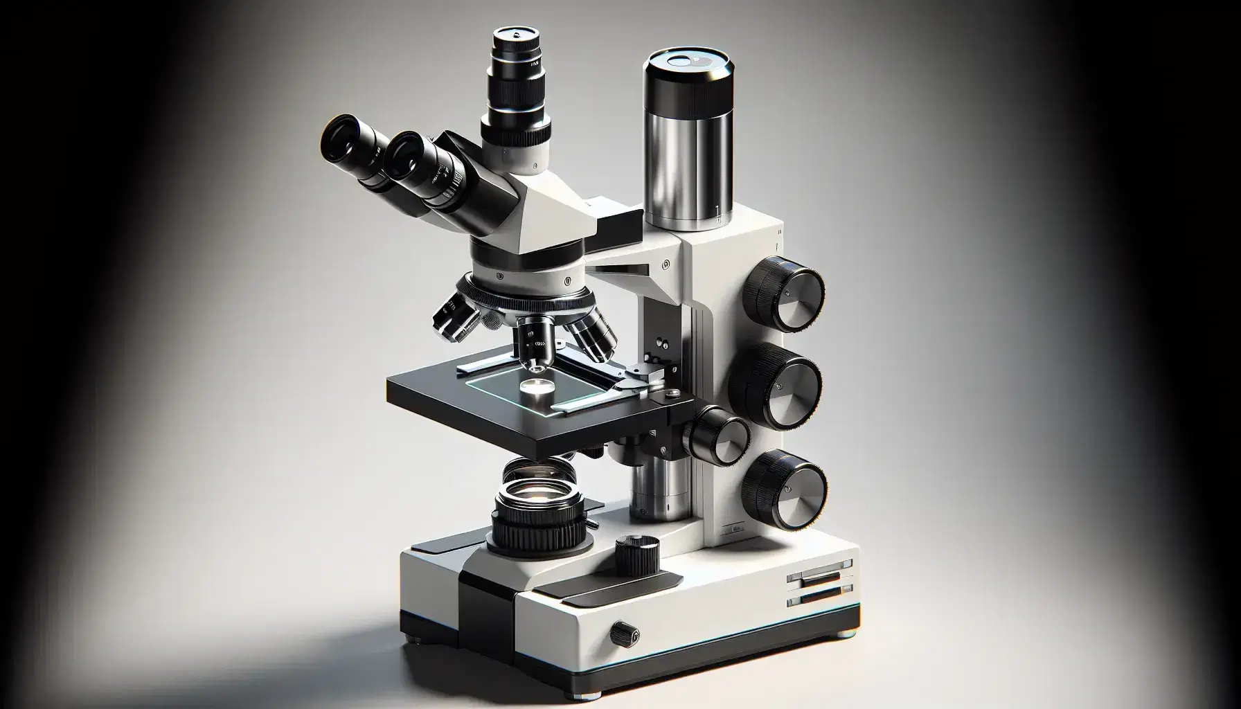 Microscopio óptico de laboratorio moderno con cuerpo blanco, objetivos metálicos y muestra biológica en portaobjetos, sobre fondo neutro.