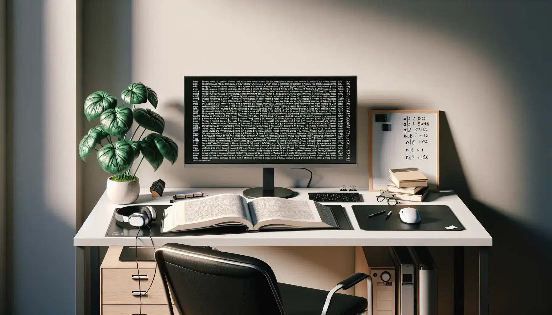Tidy desk with turned off modern computer, open book, black headphones, green plant and white board in minimalist office.