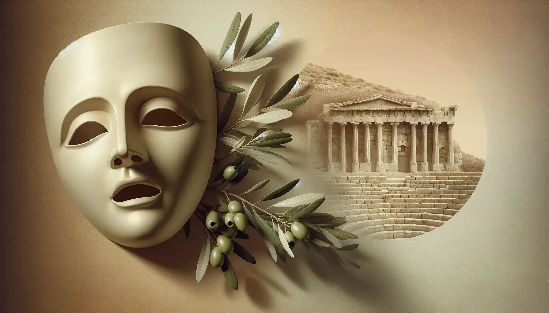 Maschera teatrale greca antica avorio con espressione drammatica su sfondo gradiente, teatro greco sfocato a sinistra e ramo d'olivo a destra.