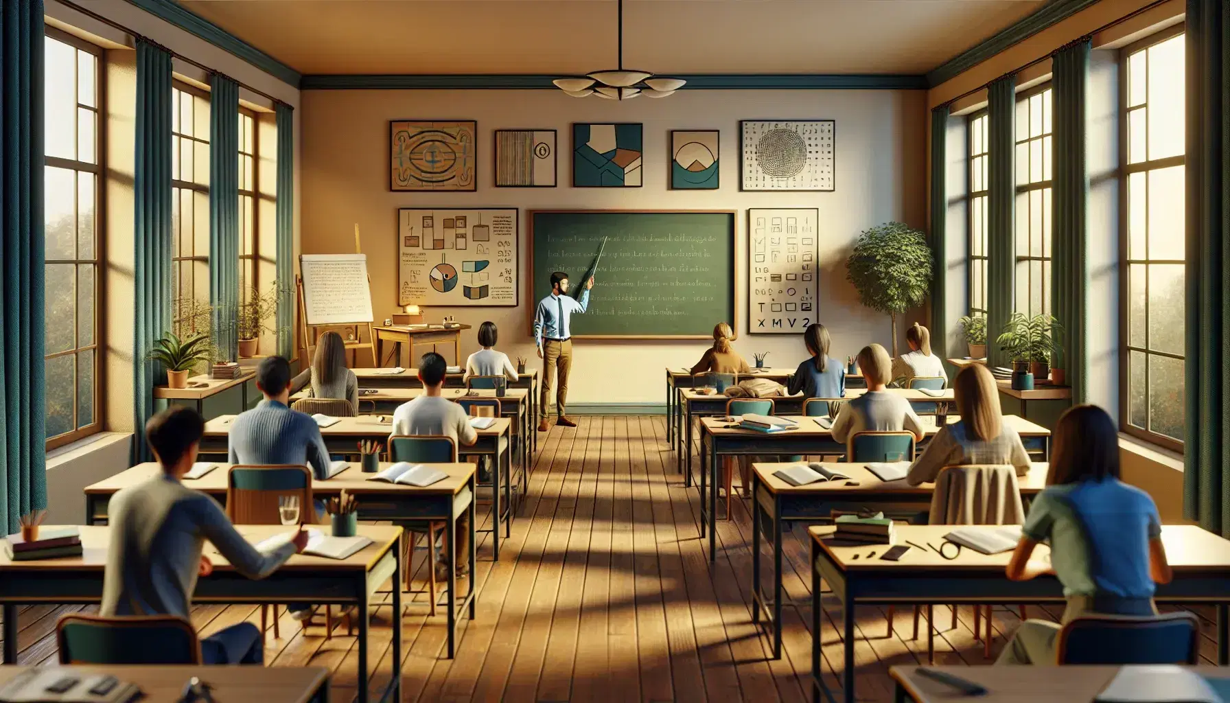 Diverse students engrossed in learning in a sunlit classroom with semi-circular desks, a teacher by the chalkboard, and educational decor.