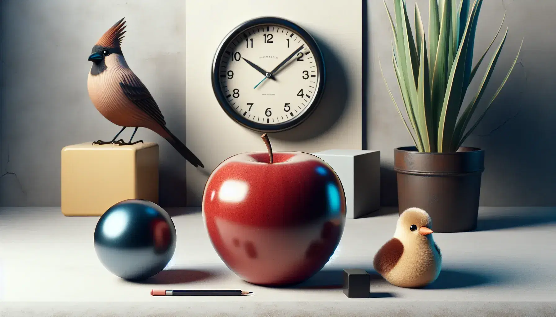 Mela rossa lucida con foglia, sfera blu opaca, cubo giallo, orologio analogico senza numeri, uccellino di peluche e pianta in vaso su sfondo neutro.