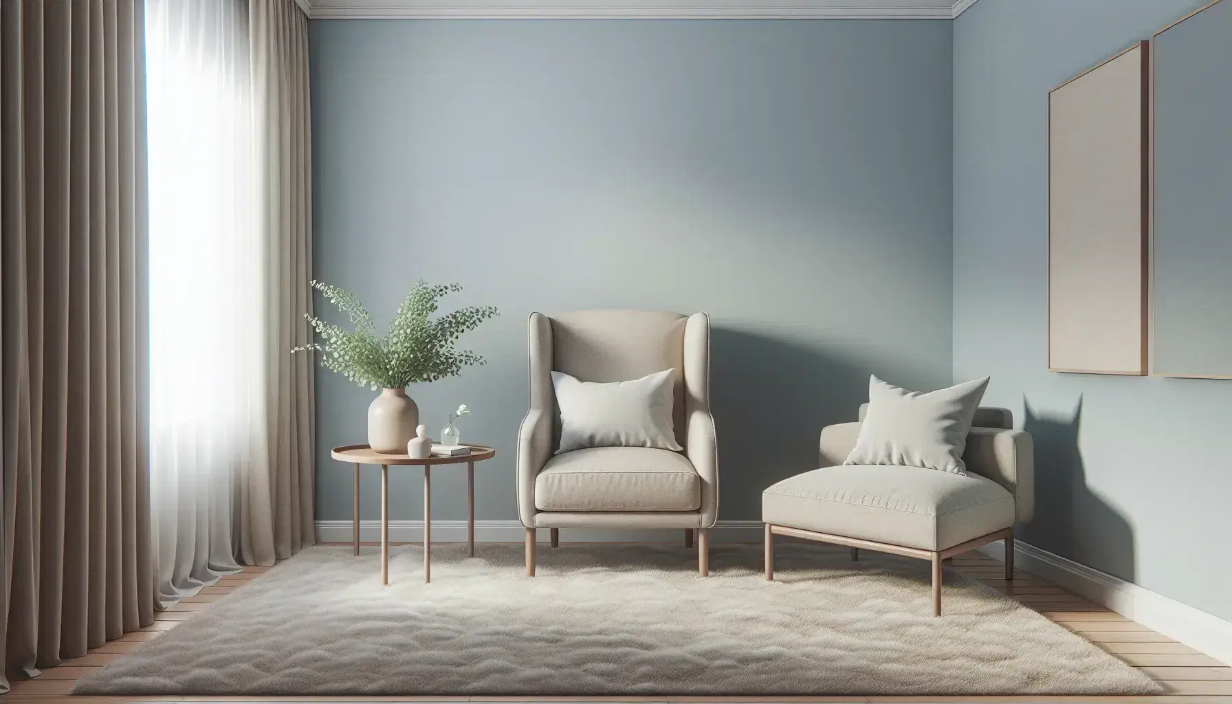 Serene therapist office with comfortable beige armchair, matching sofa, wooden coffee table, vase with green leaves, light blue walls and light gray carpet.