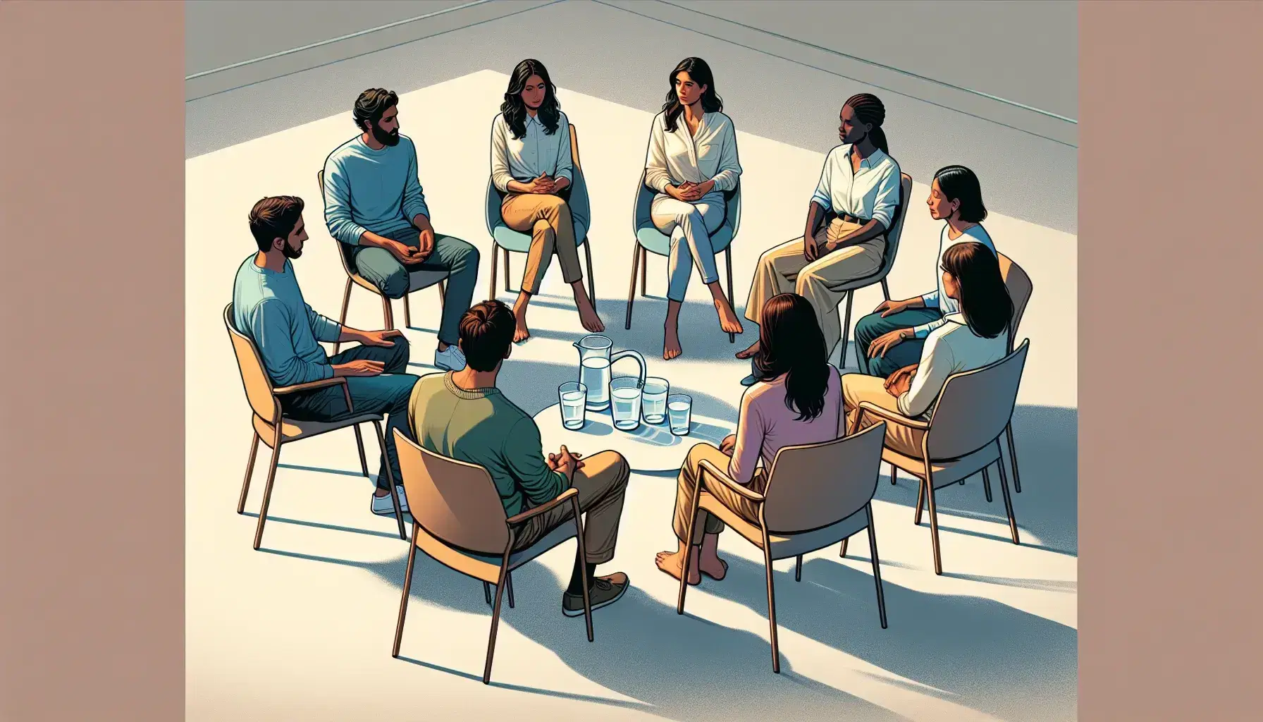 Seven people sitting in a circle on chairs actively discussing in a lighted room, with a jug of water in the center.