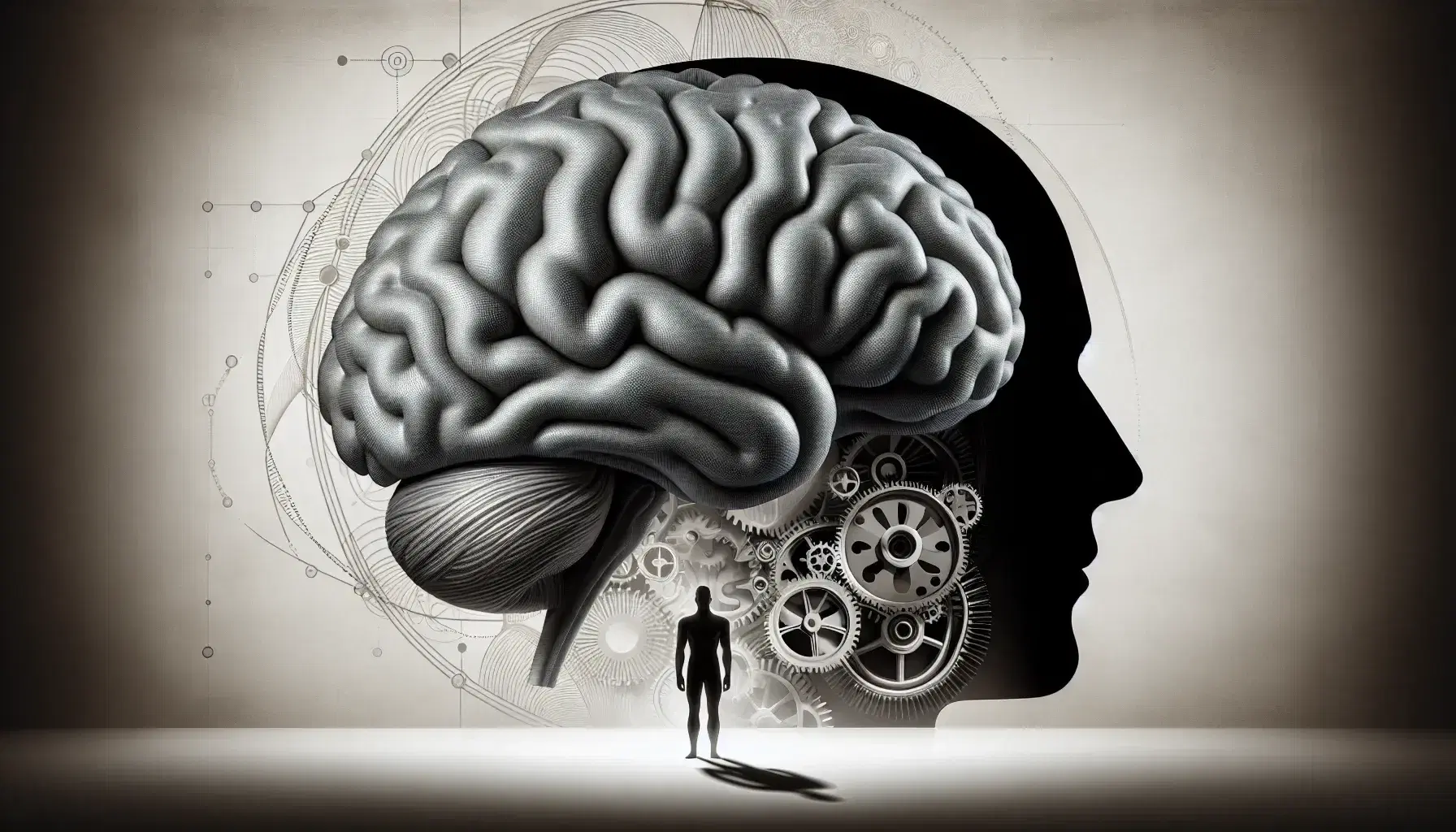 Cerebro humano detallado en tonos grises con figura en silueta a la izquierda y engranajes en movimiento a la derecha, simbolizando la conexión entre mente y mecánica.