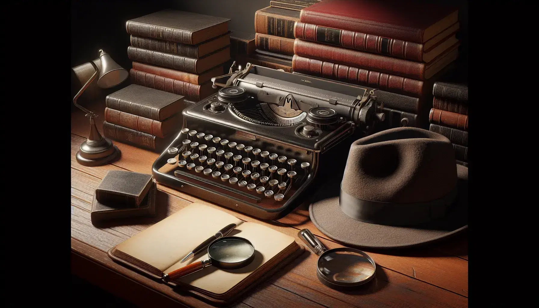 Vintage typewriter, magnifying glass, leather-bound books, gray fedora hat, open notebook with fountain pen, and round-framed eyeglasses on a classic wooden desk.
