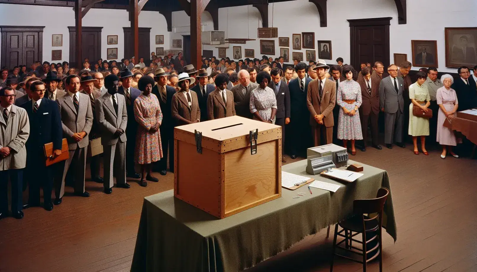 Historical 1975 referendum scene with diverse voters queuing to cast ballots, poll worker checking names, in a high-ceilinged hall with wooden beams.
