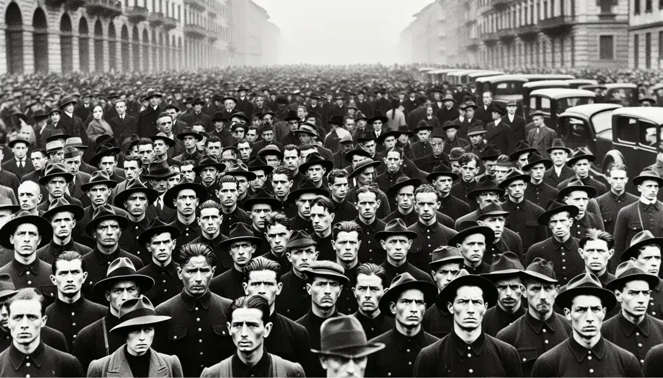 Folla in bianco e nero con uomini in uniforme fascista degli anni '20-'30, cappelli a tesa larga, in città italiana.