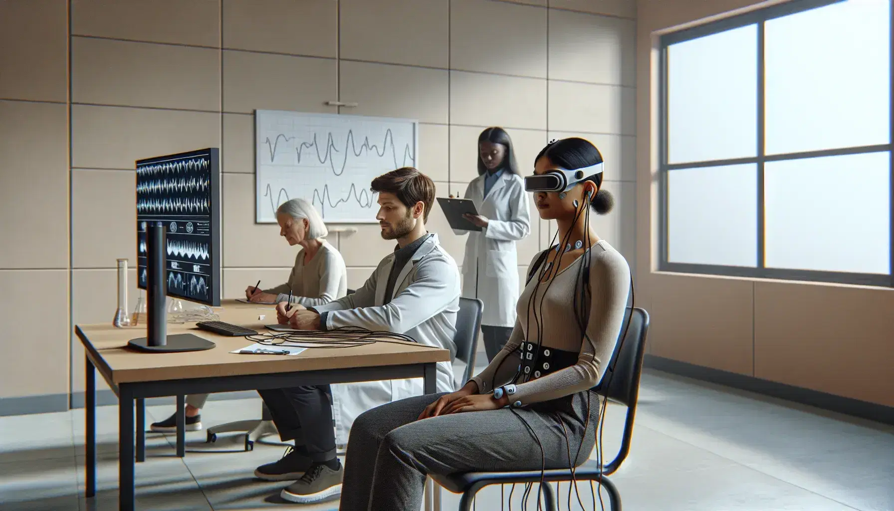 Laboratory environment with South Asian woman connected to electrodes and monitor, Caucasian researcher noting data and black man with VR headset.