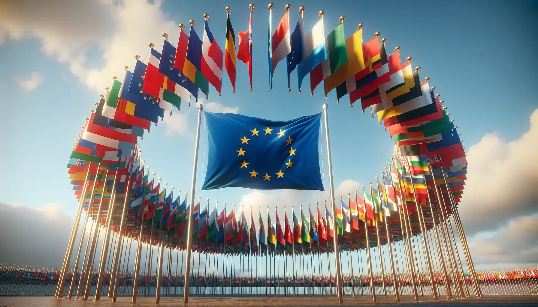 Bandiere nazionali dei paesi dell'Unione Europea disposte in cerchio intorno alla bandiera dell'UE, sotto un cielo azzurro con nuvole sparse.
