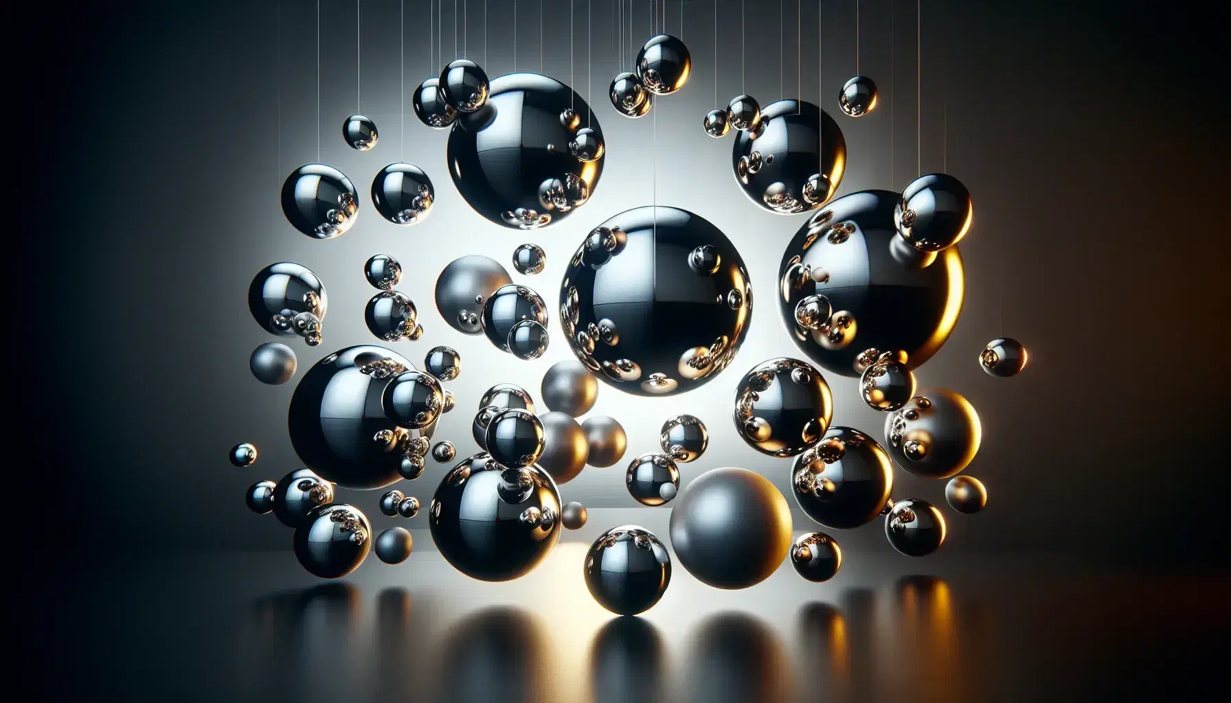 Sfere metalliche argentate e dorate sospese su sfondo nero, con riflessi luminosi che creano un effetto di levitazione e profondità.