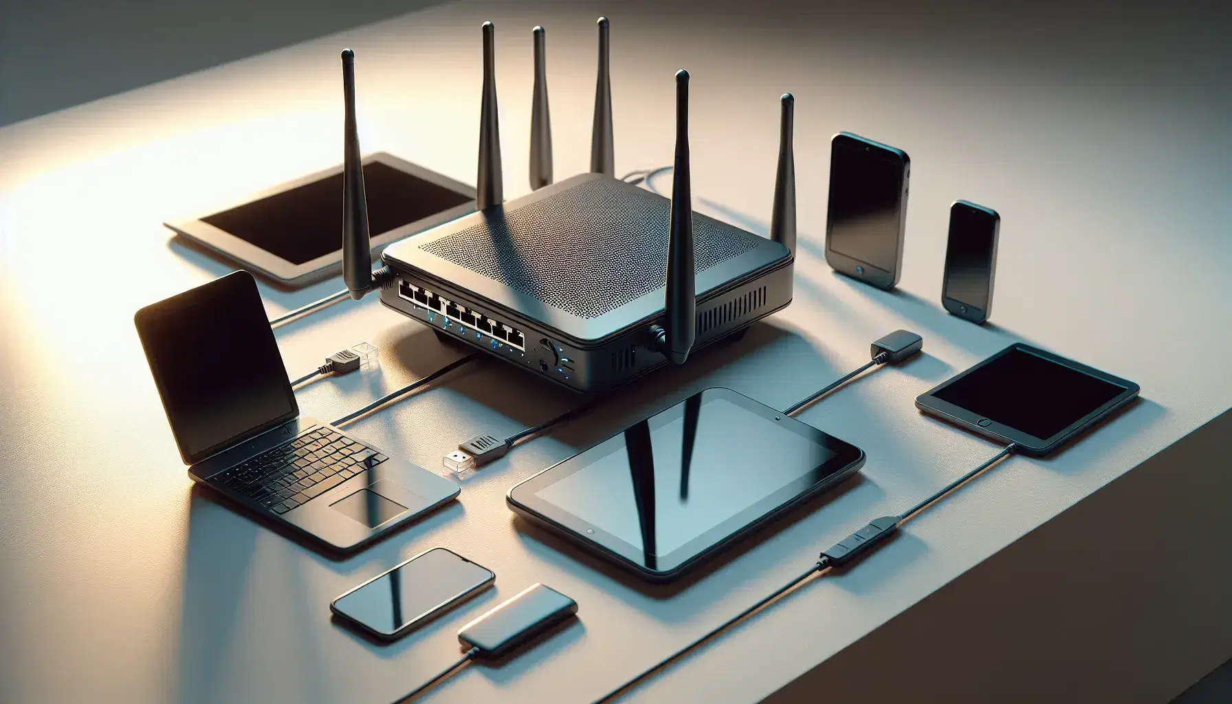 Conjunto de dispositivos electrónicos con router central, laptop abierto, smartphone y tablet apagada sobre superficie clara, conectados por cable ethernet azul.