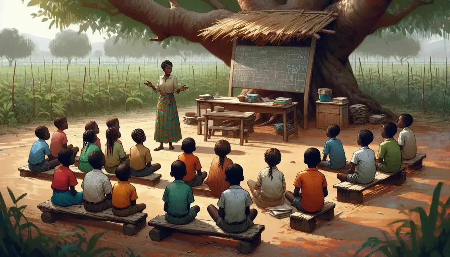 Aula al aire libre con niños sentados en semicírculo y una mujer enseñando bajo un árbol grande, pizarra y libros al lado.