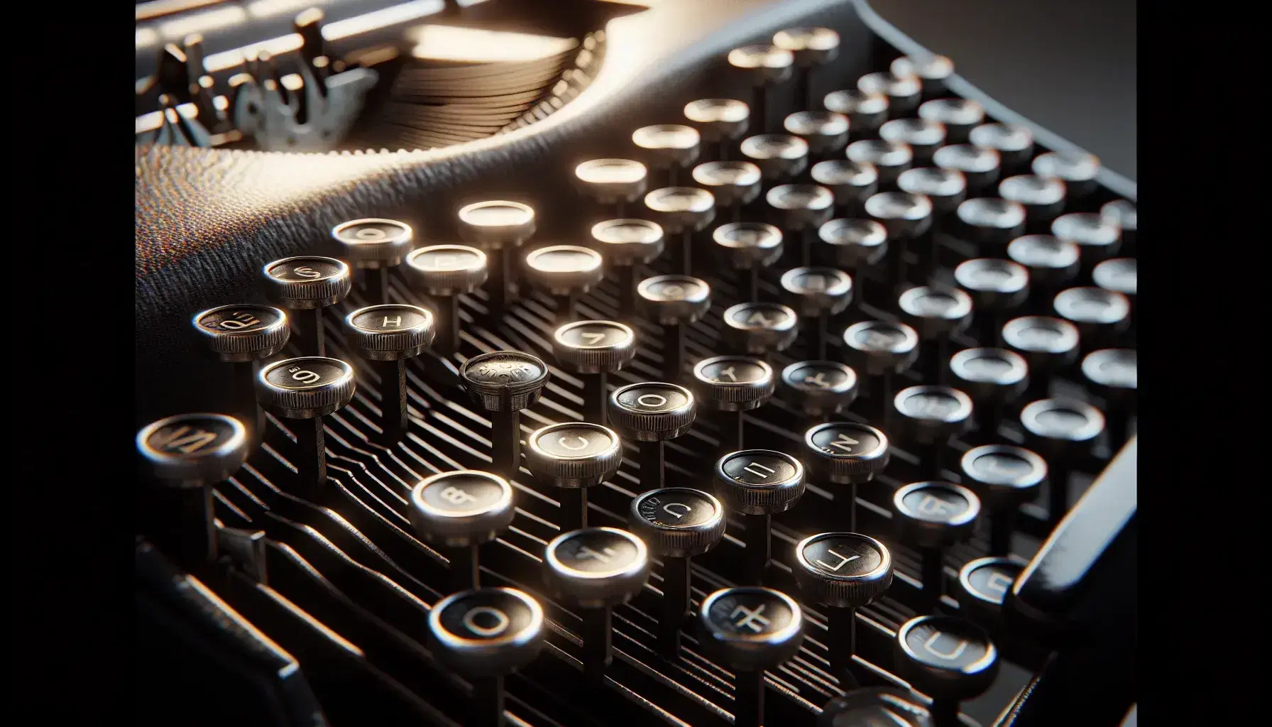 Teclas antiguas de máquina de escribir en primer plano con enfoque selectivo y fondo desenfocado, mostrando detalles metálicos y sombras suaves.