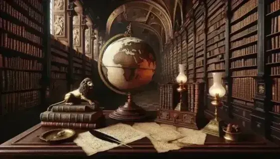 Biblioteca rinascimentale con scrivania in legno, calamaio in ottone, carte sigillate, mappamondo antico, bilancia in ottone e statuetta di leone.