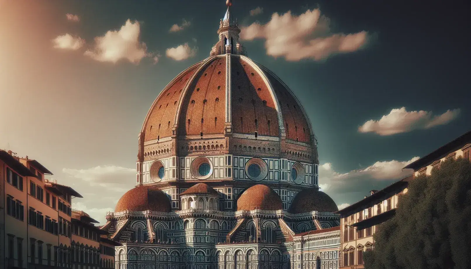 Cupola di Santa Maria del Fiore a Firenze con costoloni bianchi su sfondo cielo azzurro, fiancheggiata da tetti terracotta e alberi.