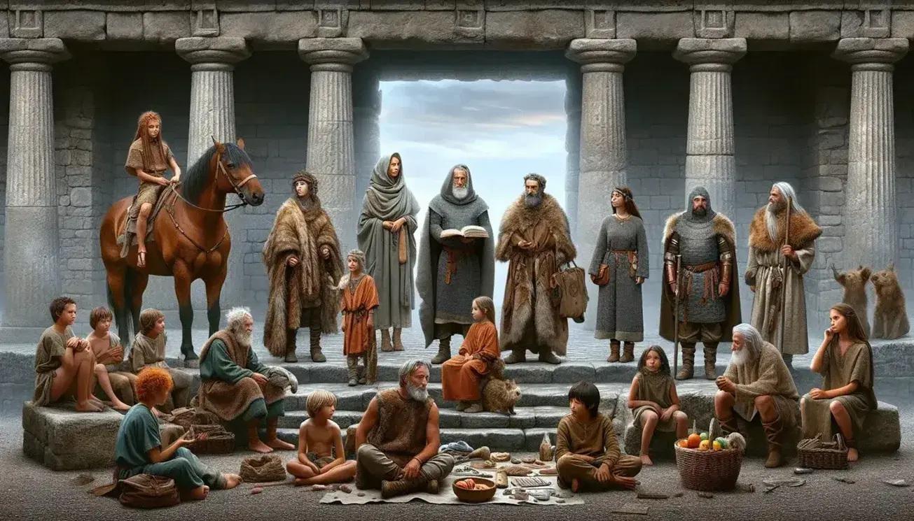 Grupo diverso de personas en atuendos históricos frente a estructura antigua, con escena de enseñanza y comercio, sin símbolos religiosos visibles.