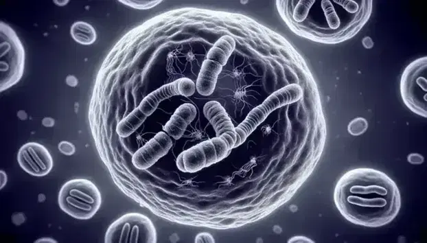 Eukaryotic cell undergoing mitosis with X-shaped chromosomes and microtubules, surrounded by other blurry cells in the background.