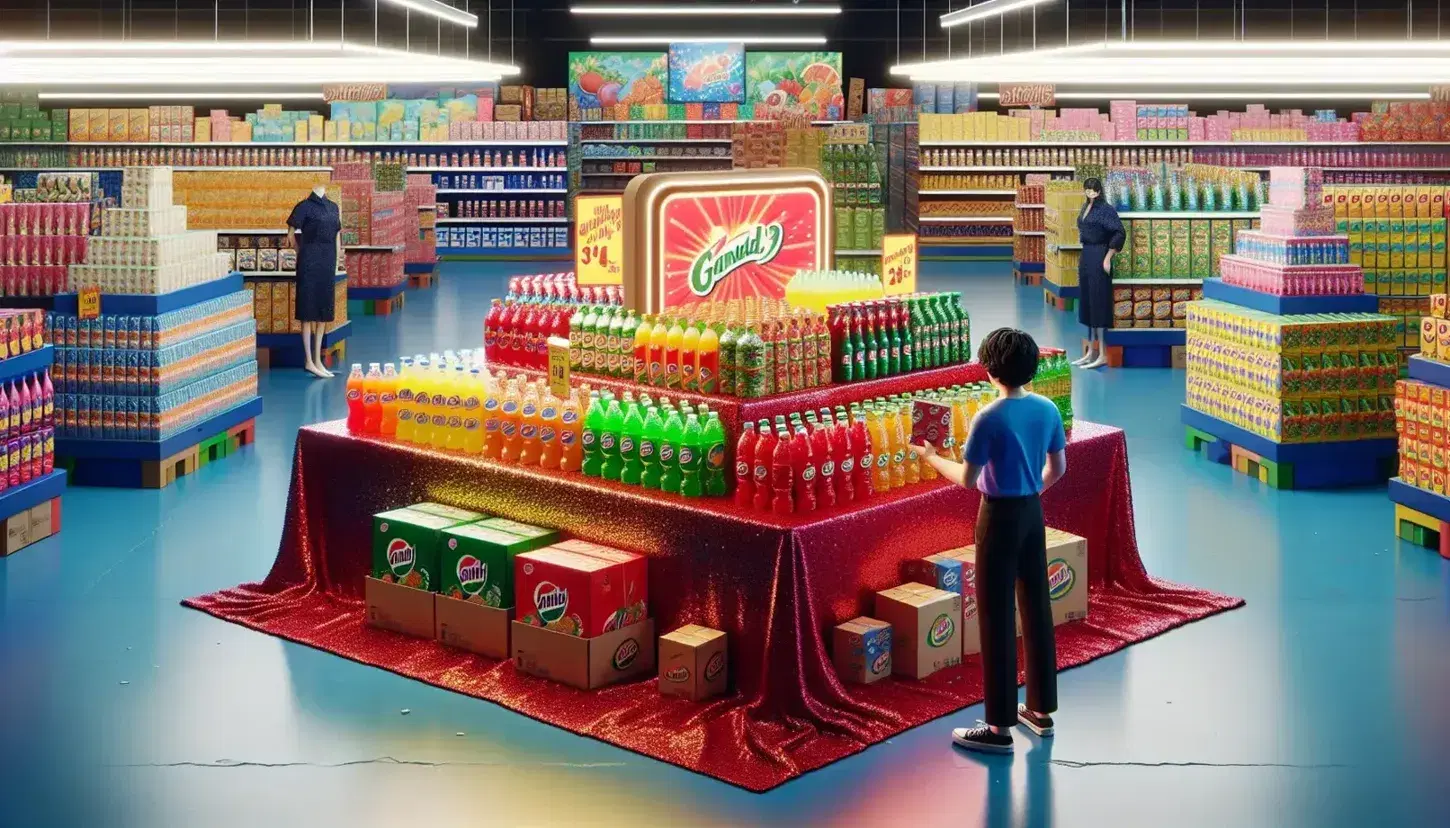 Escena colorida en supermercado con mesa de promociones cubierta por mantel rojo y productos variados, persona examinando artículo y pasillos de fondo.