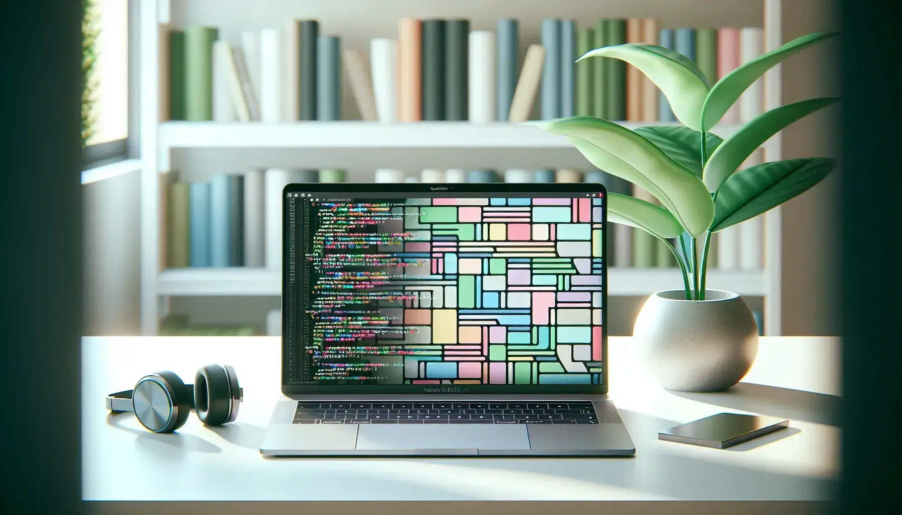 Modern office with open silver laptop on white desk, black wireless headphones, green plant and blurred bookshelves background.