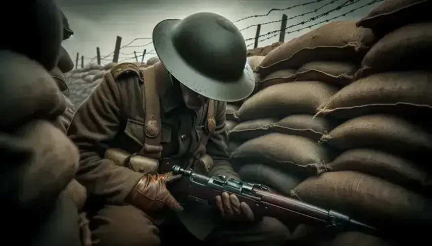 Soldato della Prima Guerra Mondiale seduto in trincea, con elmetto verde oliva, uniforme marrone, guanti in cuoio e fucile antico.