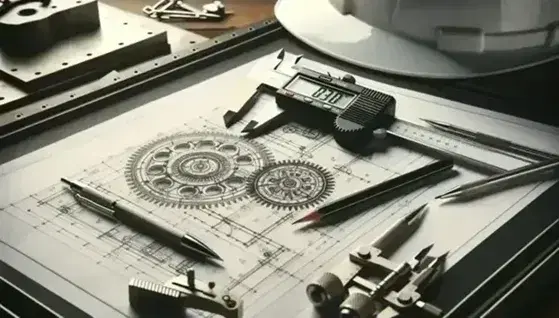 Tavola da disegno inclinata con foglio per disegno tecnico di meccanismo, calibro digitale, matita meccanica e compasso, casco da cantiere sullo sfondo.