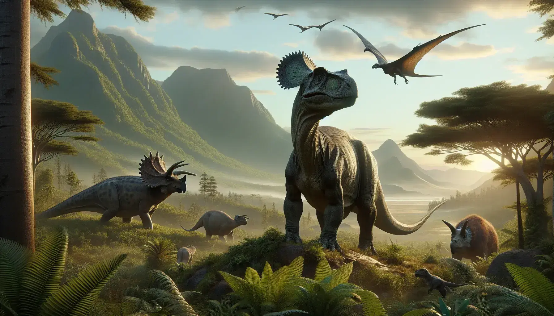 Paesaggio preistorico con Apatosaurus, Triceratops, Pterosauri in volo, Velociraptor tra felci, alberi lussureggianti e tramonto montano.