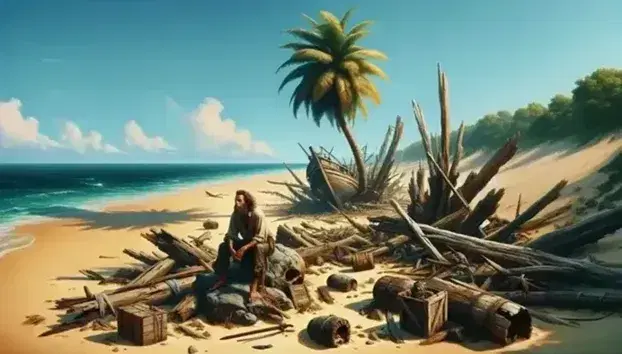 Spiaggia deserta con sabbia dorata, mare calmo, palma curva, resti di naufragio, uomo pensieroso seduto, fuoco e oggetti di sopravvivenza.
