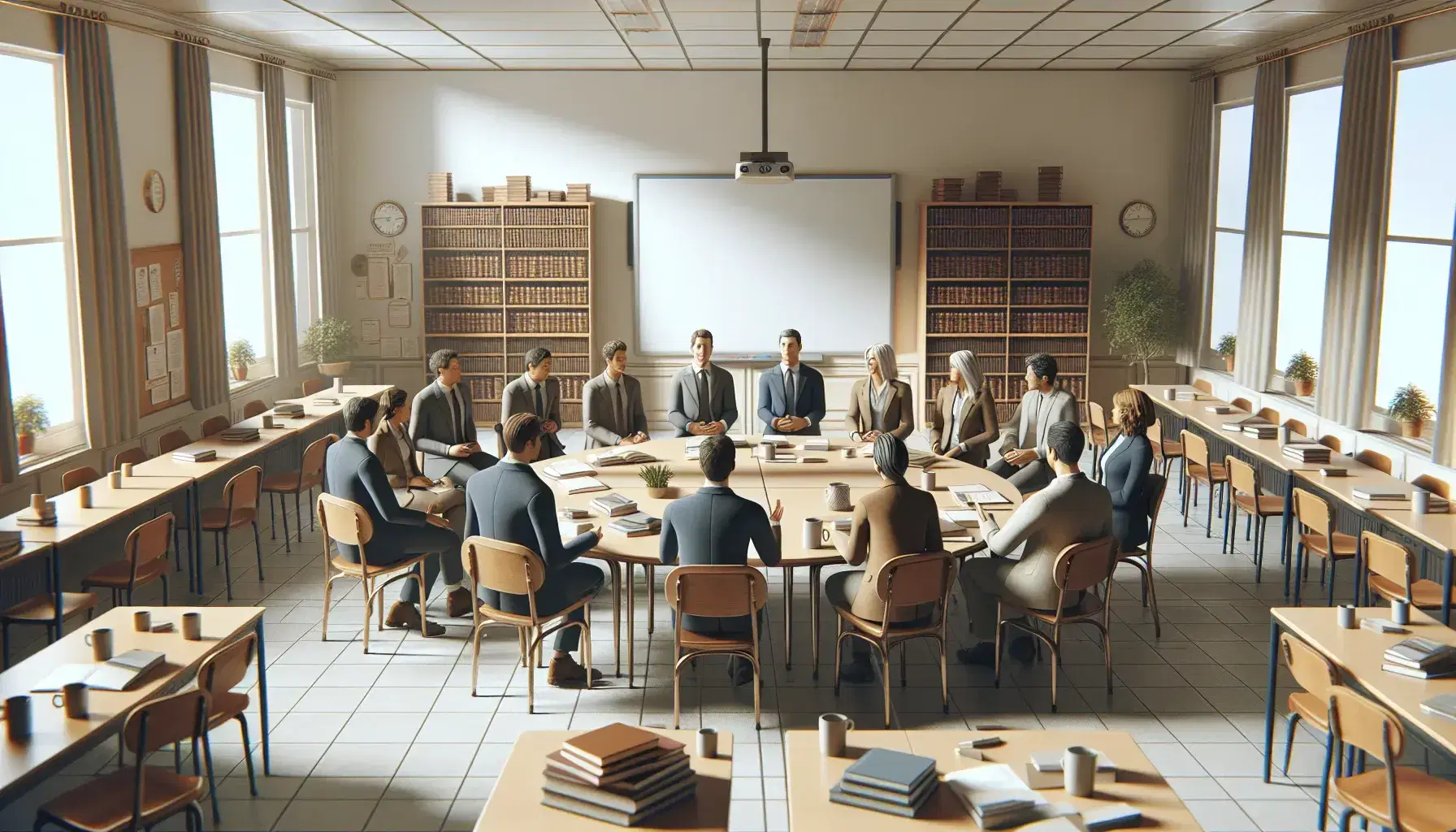 Grupo de docentes en reunión dentro de un aula iluminada, sentados alrededor de una mesa redonda con documentos y tazas de café, con pizarra y proyector al fondo.