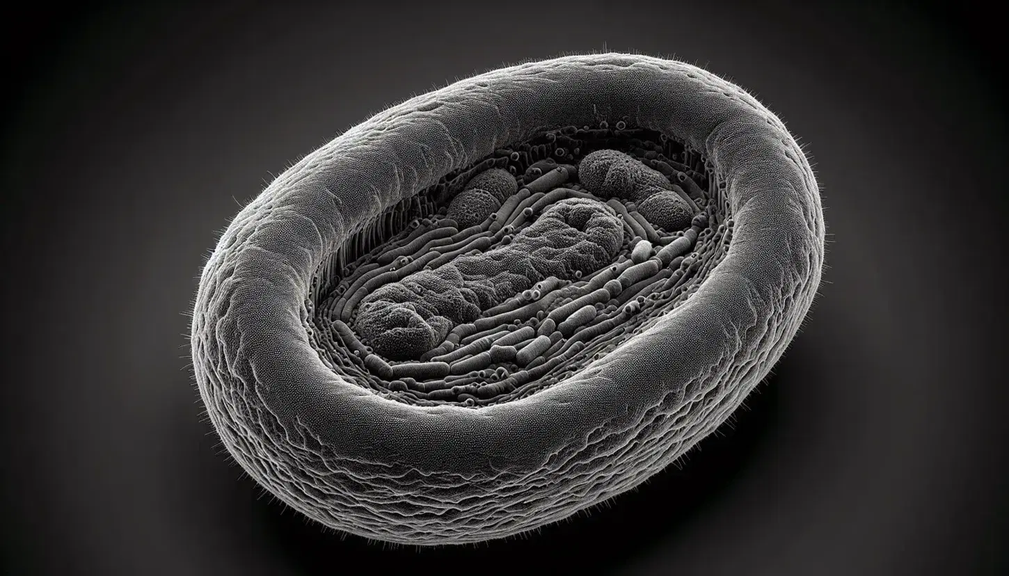 Cellula procariotica al microscopio elettronico con superficie esterna granulosa e dettagli interni come citoplasma e ribosomi.