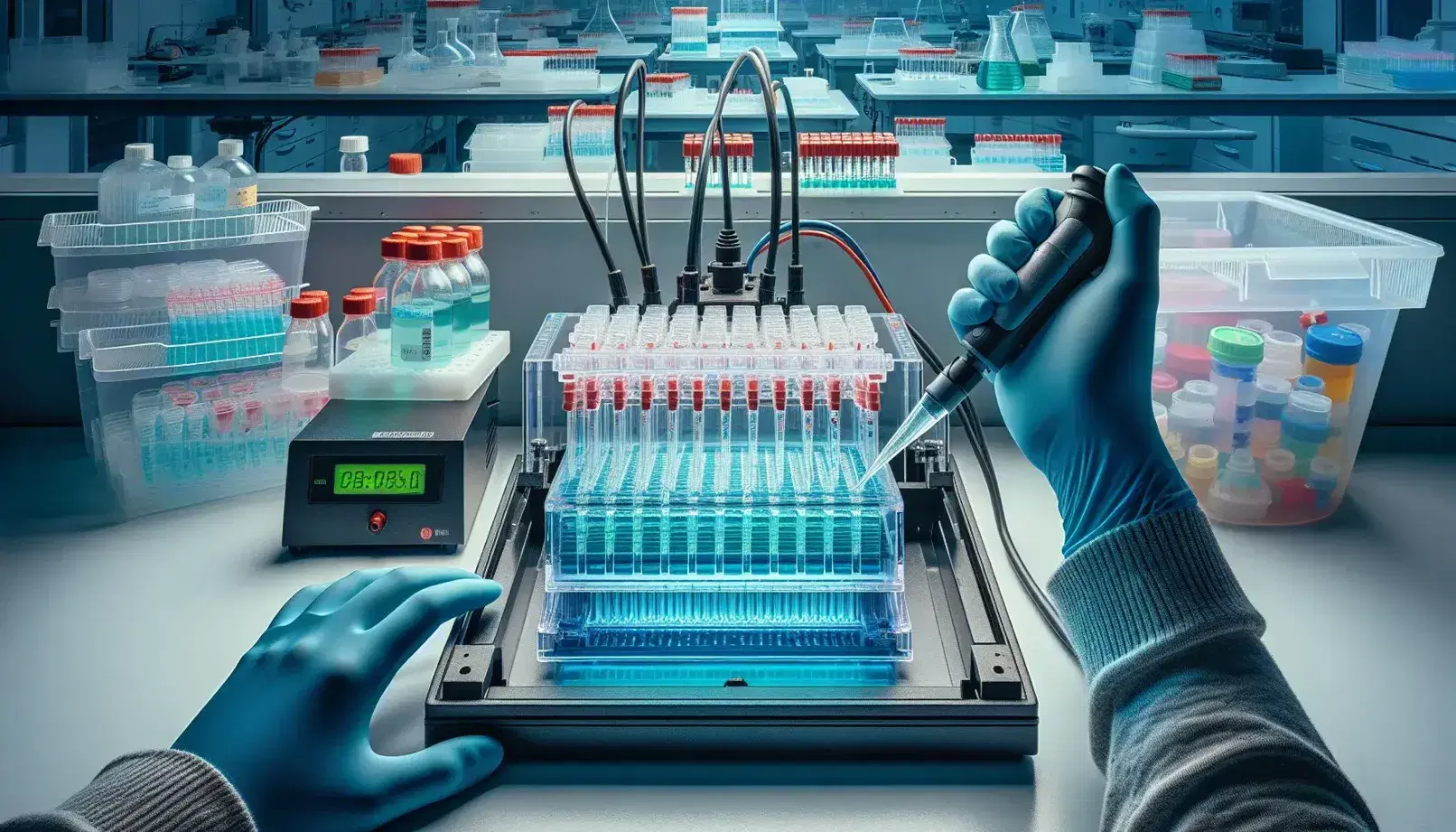 Hands in blue gloves load a gel in an electrophoresis chamber with pipette, surrounded by microcentrifuge tubes and lab equipment in a bright setting.