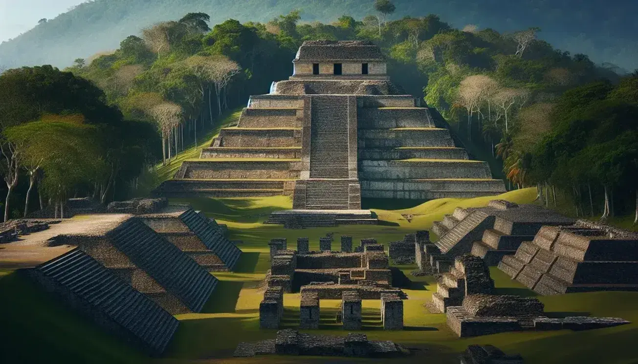 Vista panorámica de las ruinas de una antigua ciudad mesoamericana con una pirámide escalonada central, estructuras de piedra menores y columnas en primer plano bajo un cielo azul.