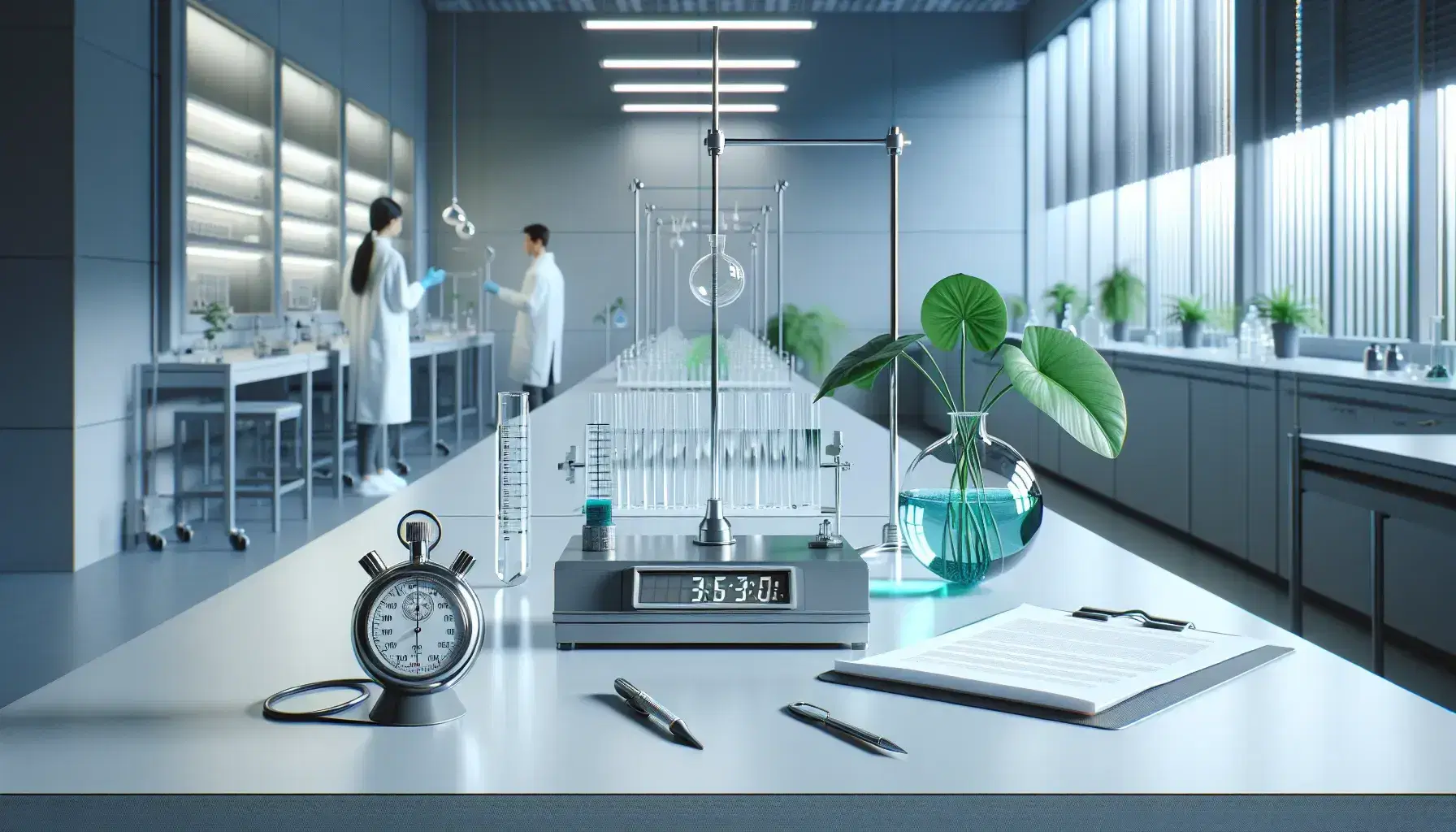 Laboratory setting with scientific instruments on a table, including a stopwatch and beaker, with two scientists in lab coats and protective eyewear in the background.