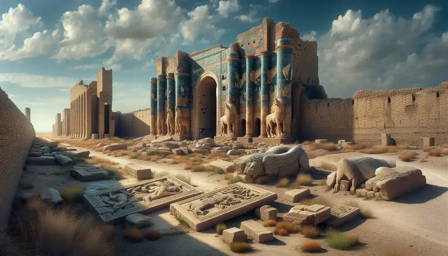 Ricostruzione del Cancello di Ishtar a Babilonia con mattoni blu smaltati e rilievi di animali mitici, circondato da rovine antiche sotto un cielo azzurro.