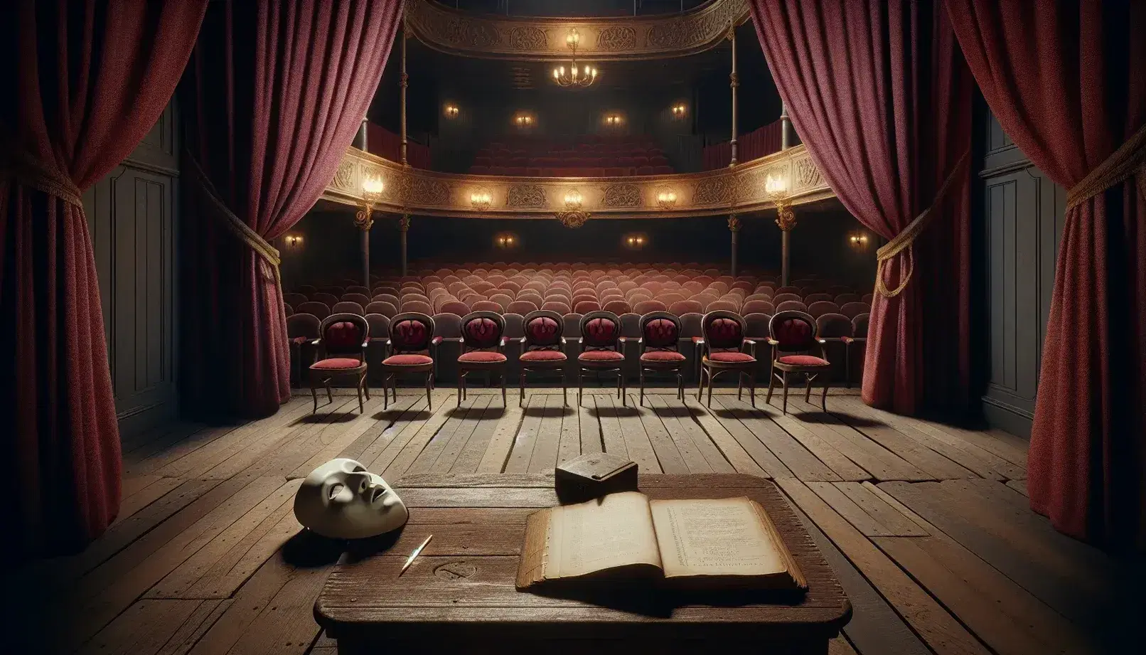 Scena teatrale vintage con palco in legno, sedie imbottite rosse, tavolo con maschera bianca e copione aperto, poltrone in velluto e pareti decorate.