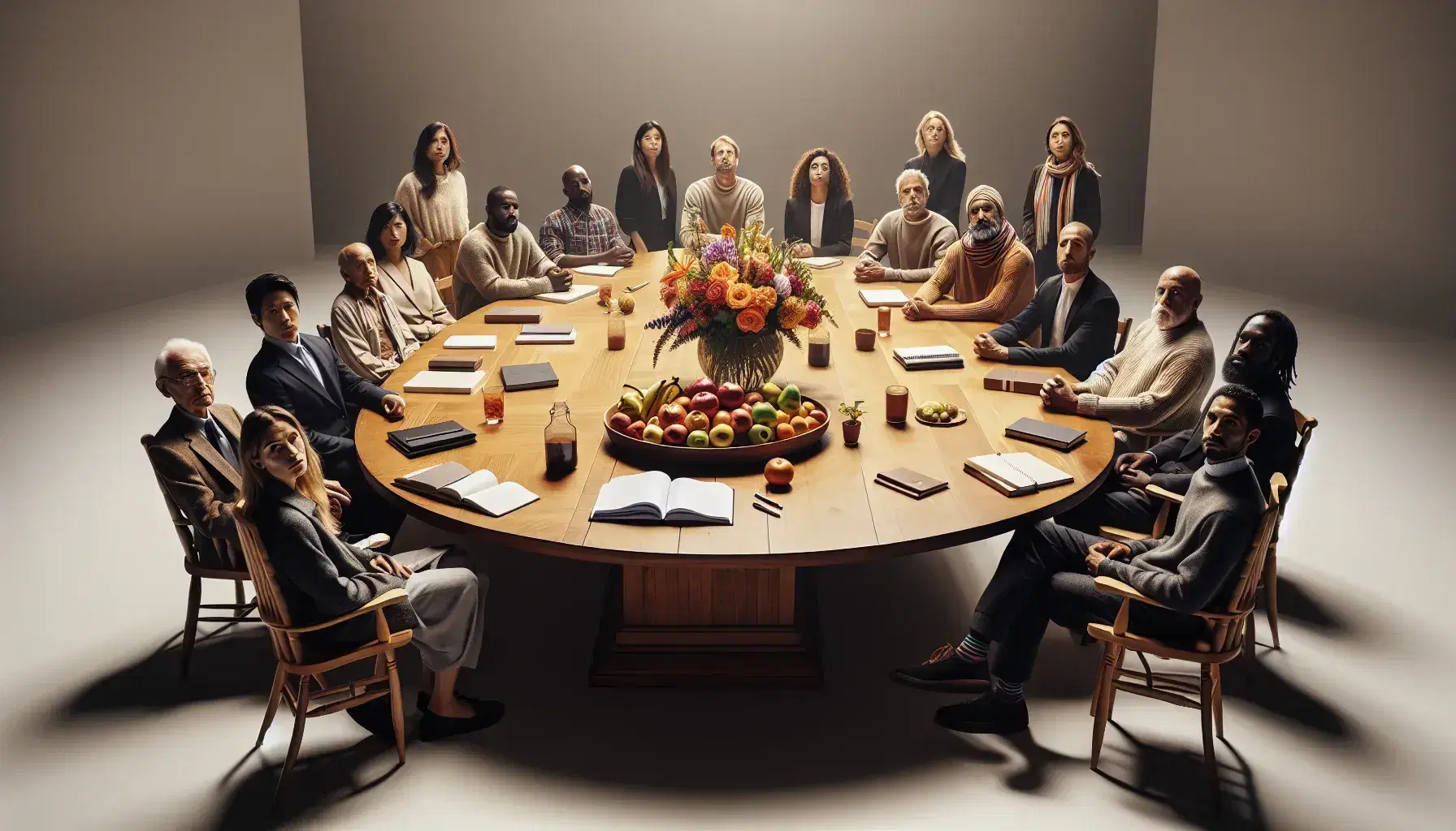 Diverse group of people sitting around a wooden table with a vase of colorful flowers and a fruit basket, engaging in conversation in a warmly lit room.