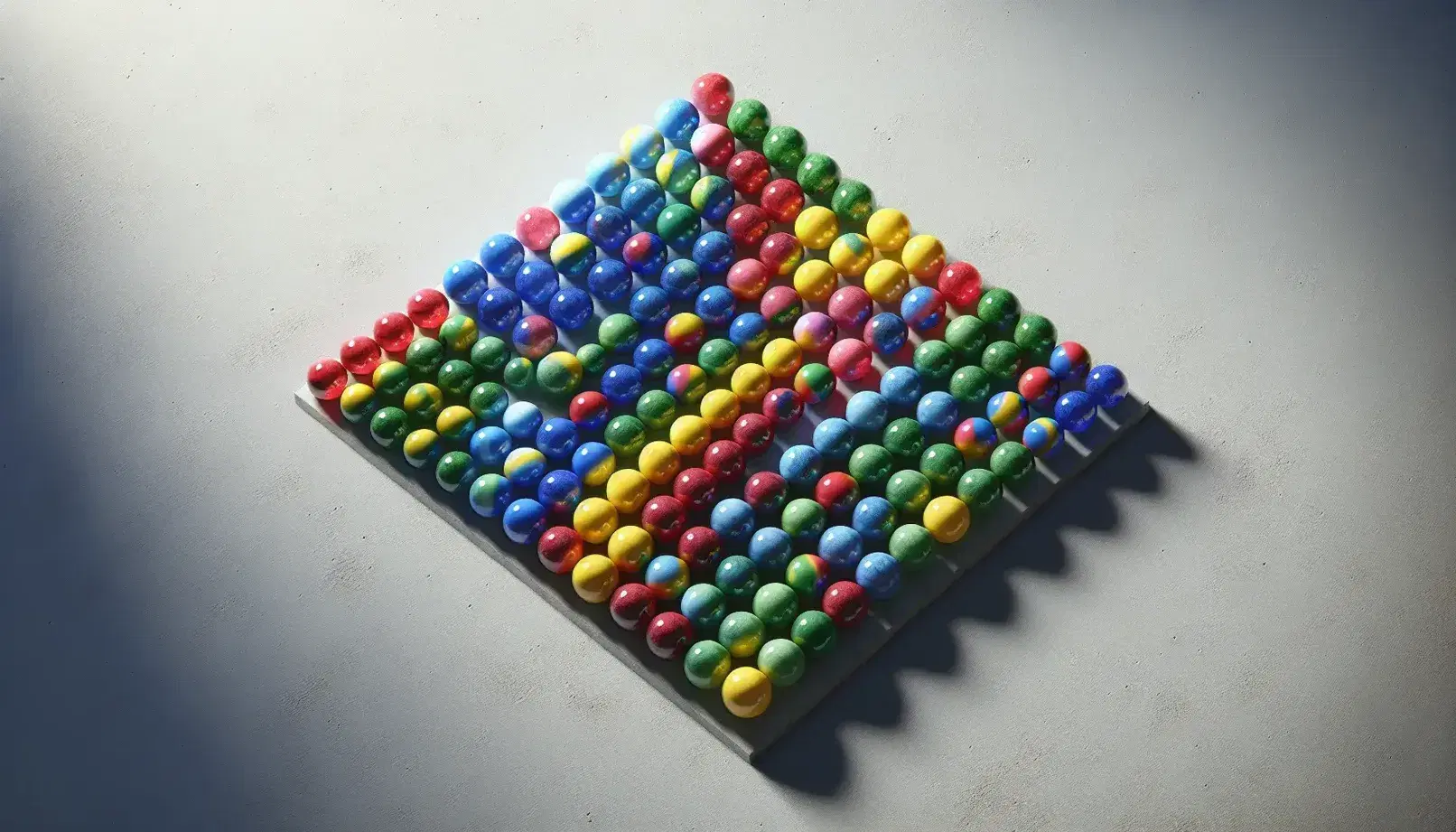 Multicolored marbles arranged in groups on a gray surface, with shades of red, blue, green, yellow and purple, viewed from above.